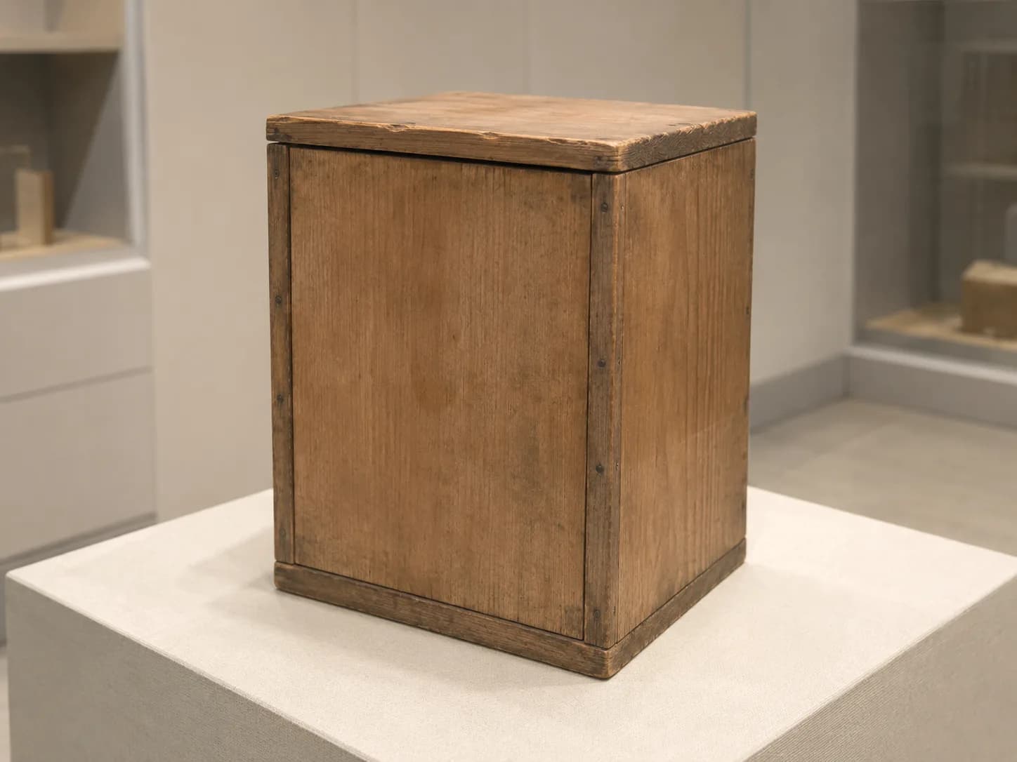 資料館の台座に展示された、古い木製の箱（ハコの外箱）