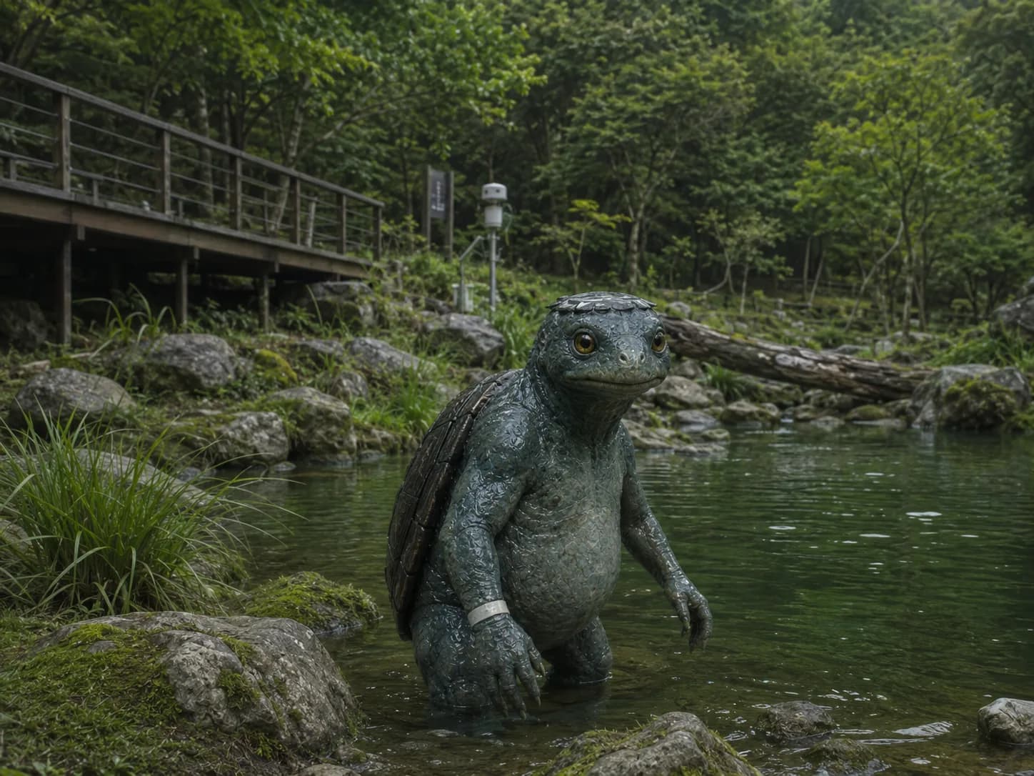 河童池の浅瀬に立つ青緑色のニホンカワカッパ、アオ