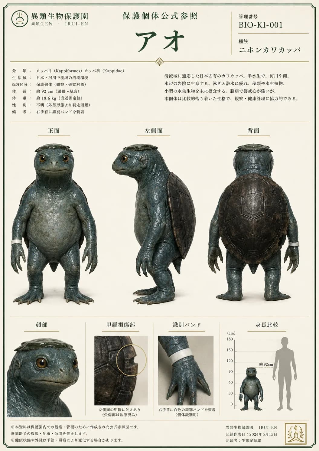 アオの正面、左側面、背面、顔、甲羅の欠け、識別バンド、身長比較を記載した公式参照資料