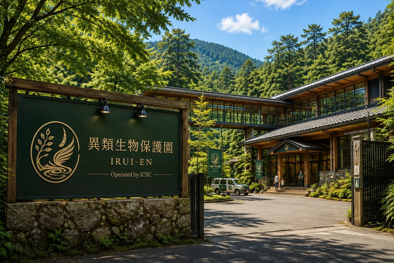 紀伊半島の山林に囲まれた異類生物保護園の木造施設外観