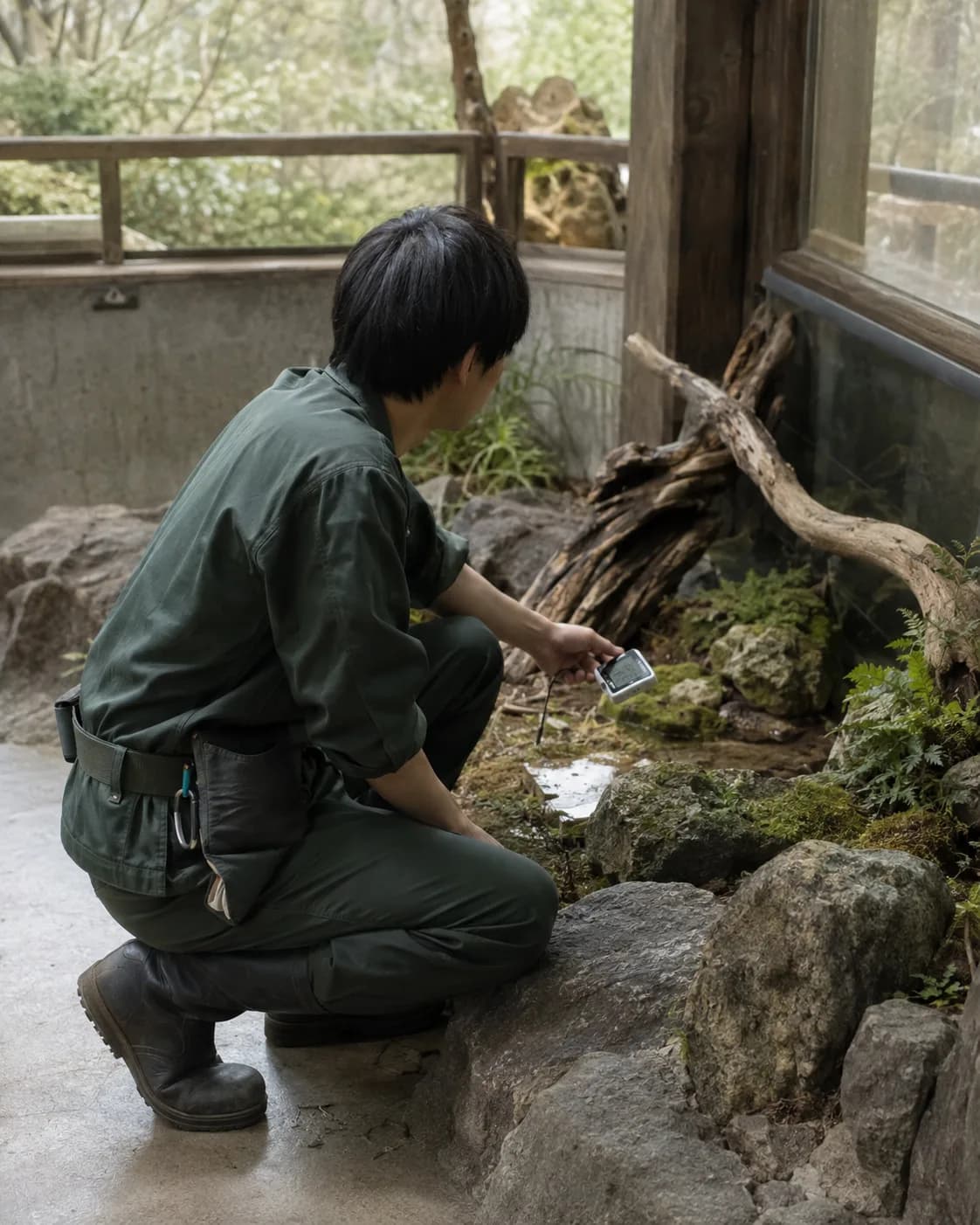 山岳生態区の屋内飼育スペースで温度計を確認する飼育員・桐谷陸の後ろ姿