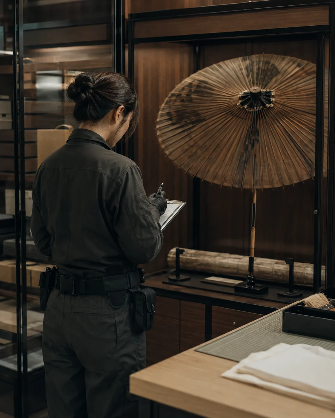 資料が並ぶ事務室で書類を確認する広報担当・南雲千夏の後ろ姿