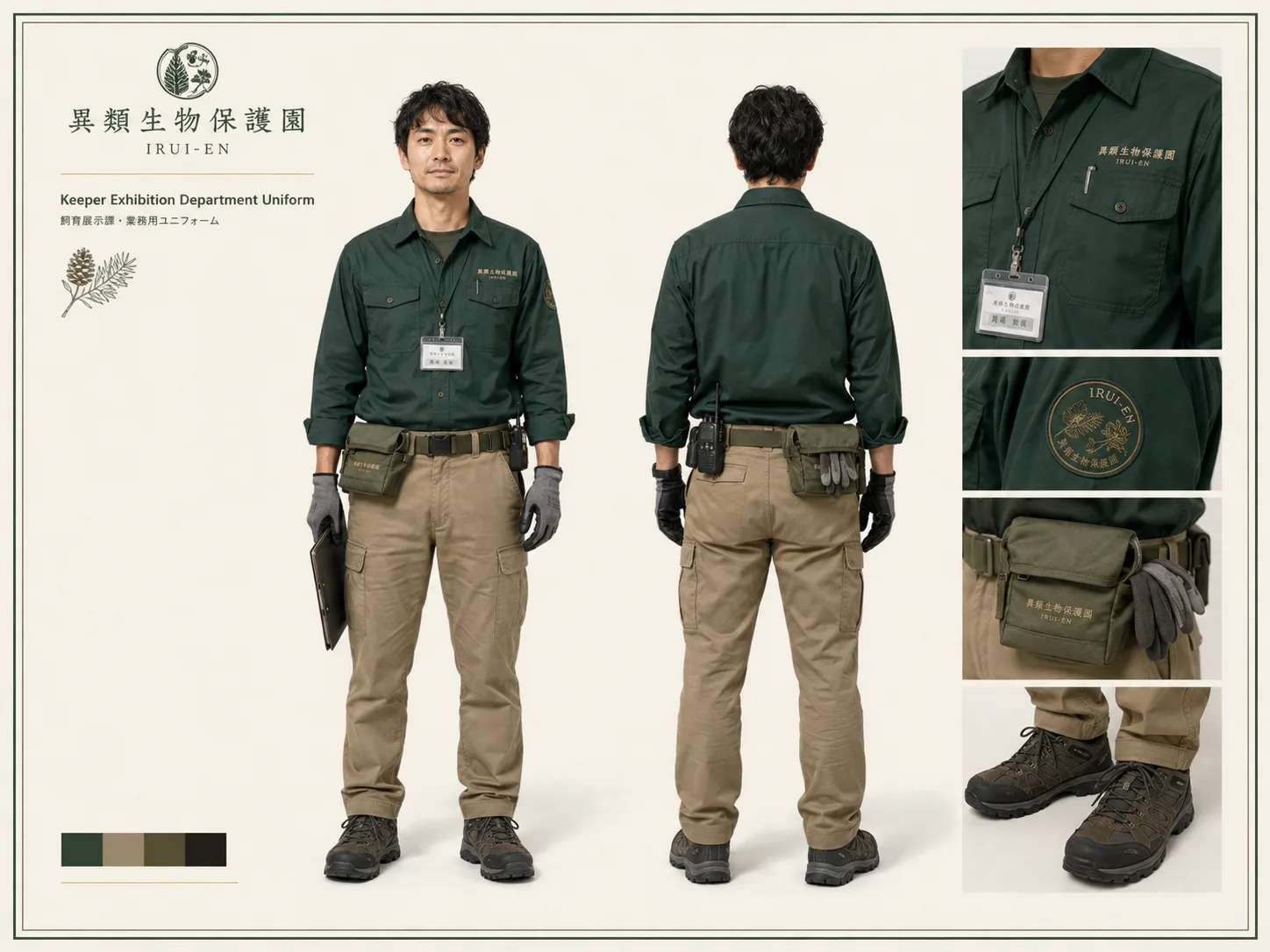 深緑のシャツとカーキの作業パンツを使用した飼育展示部制服の正面・背面資料