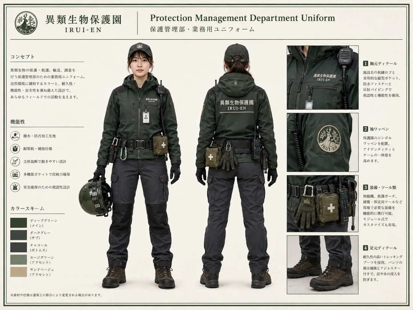 深緑のフィールドジャケットを使用した保護管理部制服の正面・背面資料