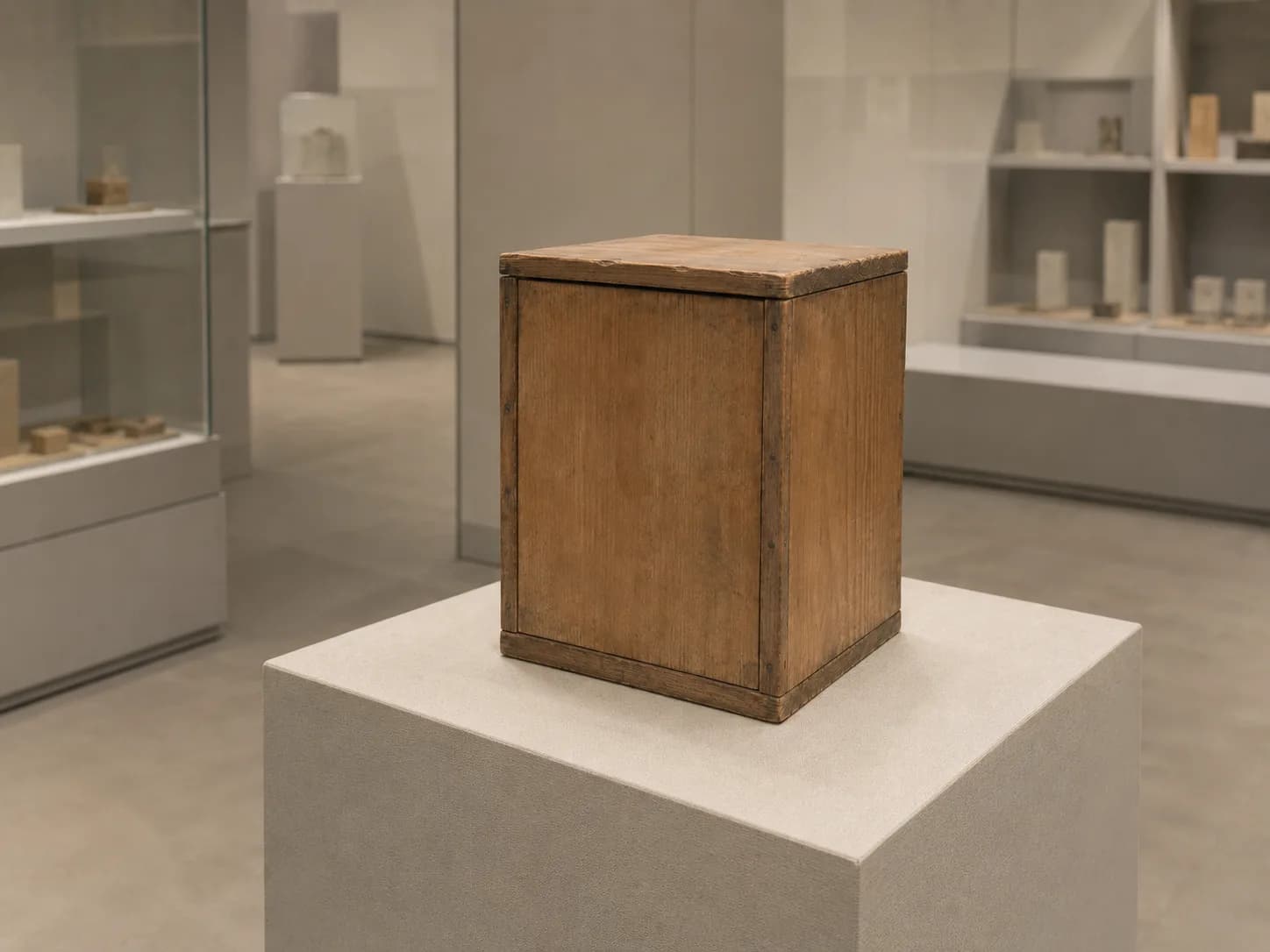 異類生物資料館の展示室に置かれた、古い木製の箱(ハコの外箱)