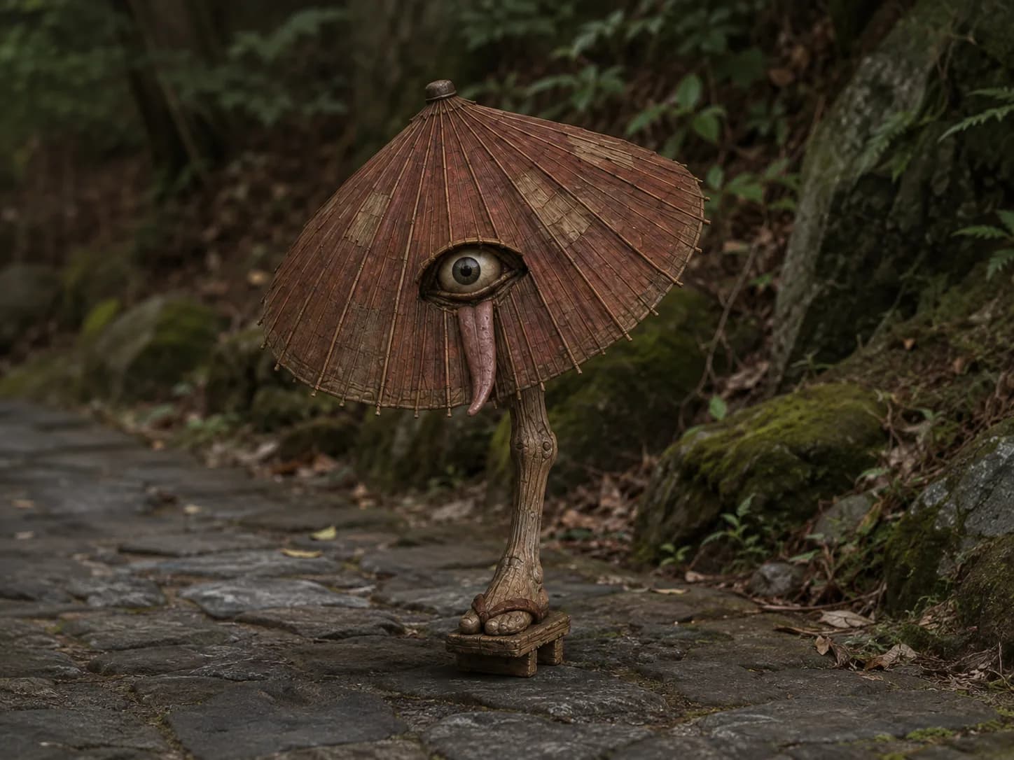 苔むした石畳の小道に立つ一つ目の唐傘、チヨ