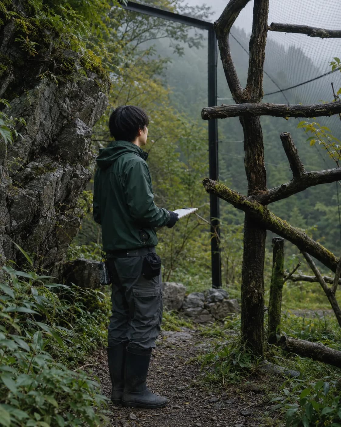山岳生態区の飛行性生物訓練場でクリップボードを手にする保護管理部長・石川蒼の後ろ姿